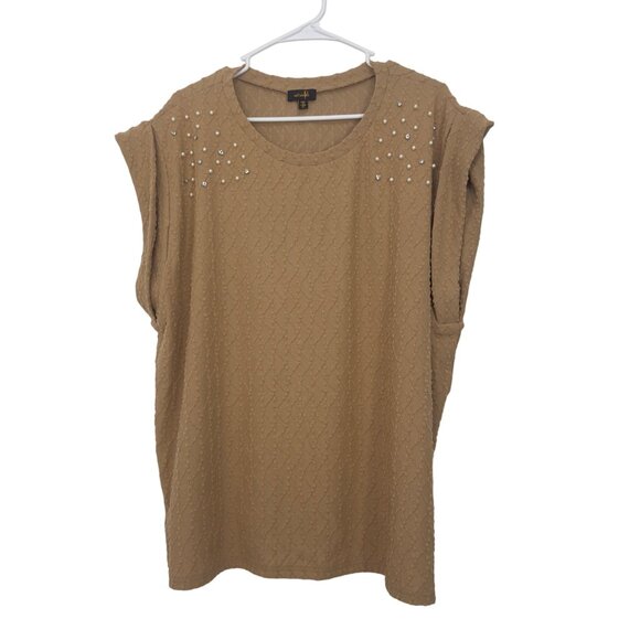 Ontwelth Women SZ 3X Tan Sleeveless Top Embellished Studs &Pearls Textured Knit - Picture 1 of 9